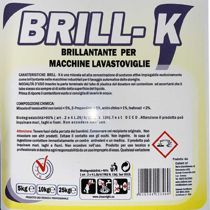 Dalkem Brill-K Brillantante per Macchine Lavastoviglie HACCP 5 Litri